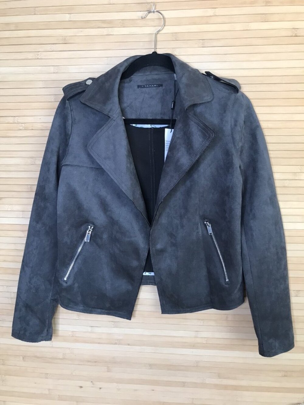 NWT T Tahari Faux Suede Cropped Moto biker jacket Carbon Sky Size XS